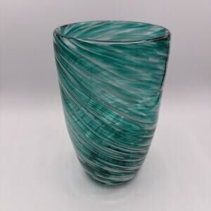 Large Handblown Glass Vase, Blue Green Turquoise Blue Costal Italian Swirl